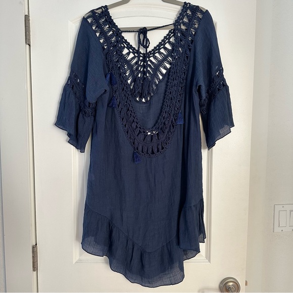 EKOUAER Womens Navy Blue Swim Cover Up Tunic Dress Beach Pool Crochet Size M - Picture 4 of 12